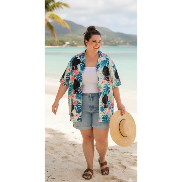 Poodle Hawaiian Tropical Oversized Camp Shirt Womens XXL Casual Summer Vacation - Picture 2 of 9